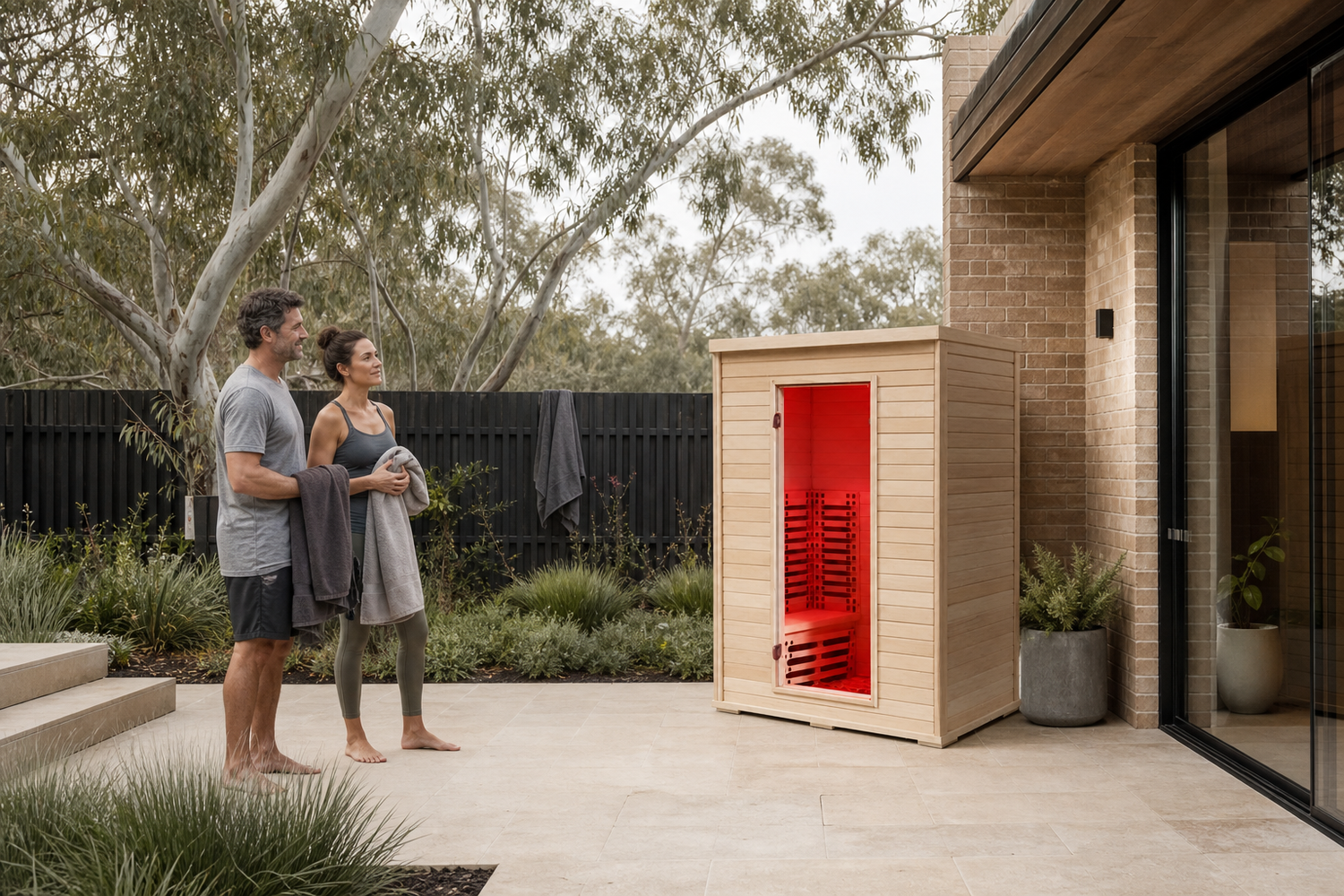 Outdoor infrared sauna in a modern Australian courtyard