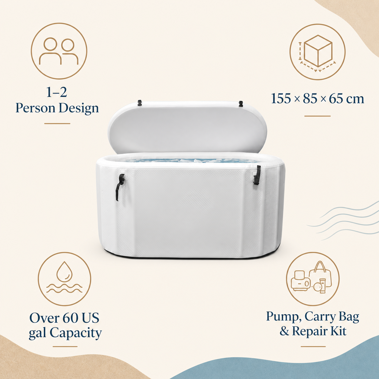 Longshore inflatable ice bath dimensions and features infographic