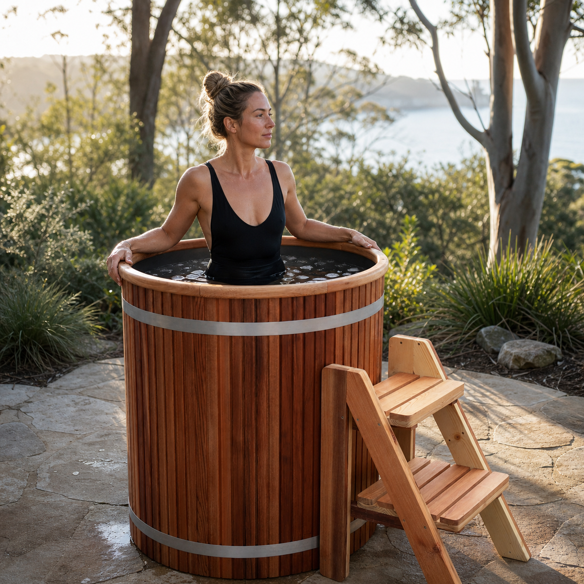 Cedar Tide wooden cold plunge tub with ladder in garden setting