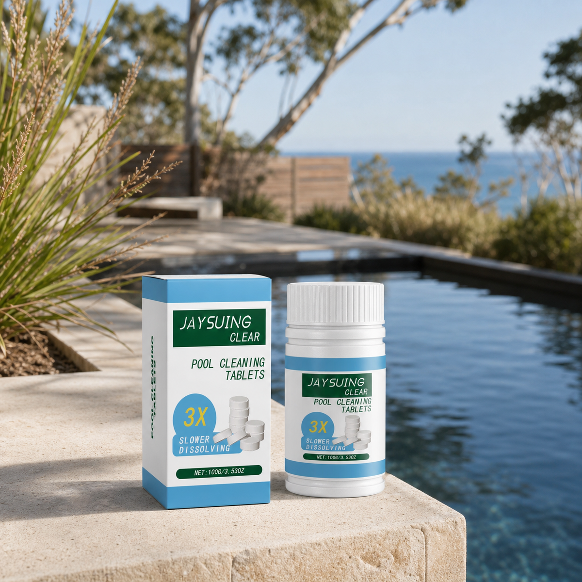 Clear Tide chlorine water care tablets beside a cold plunge