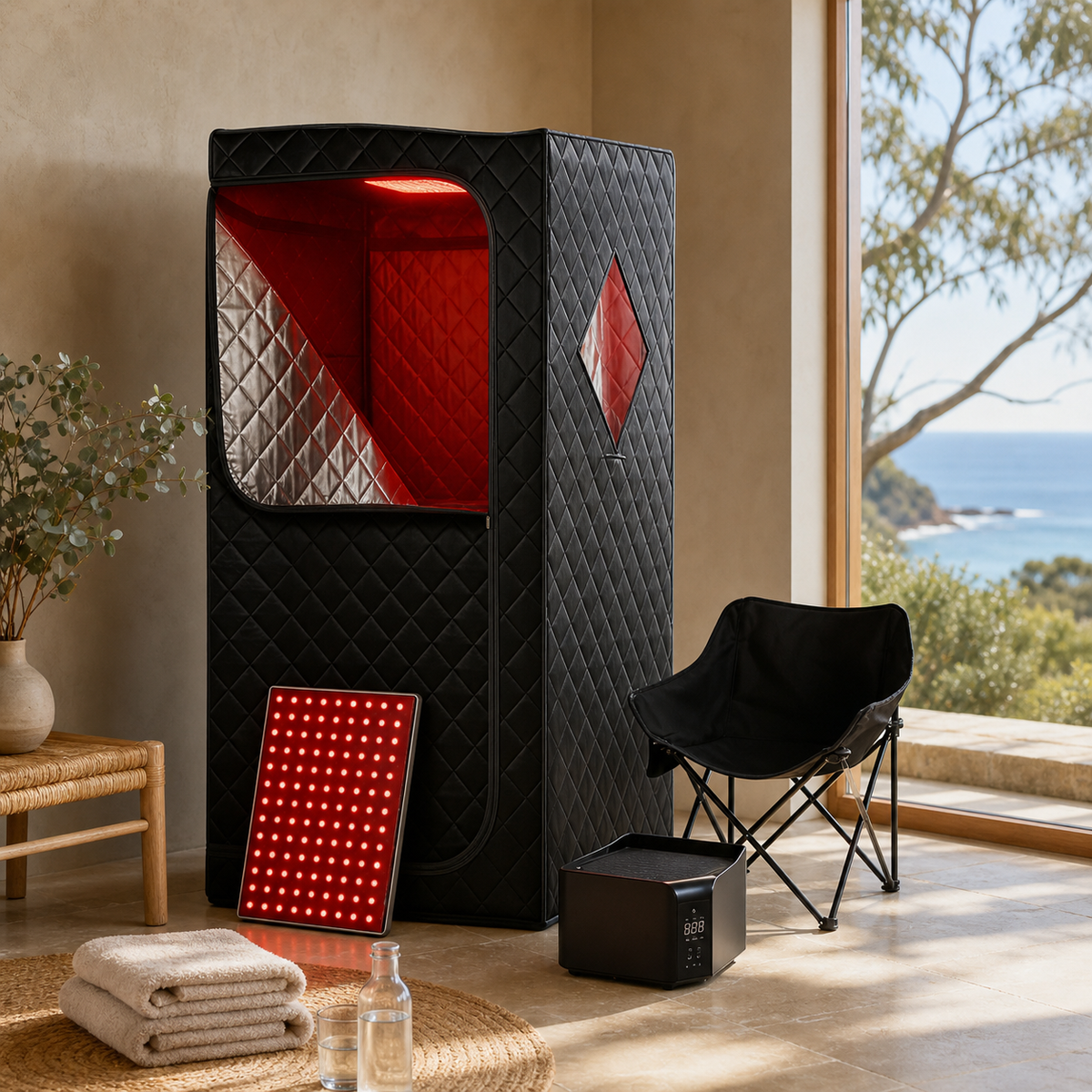 Drift portable infrared sauna set up indoors