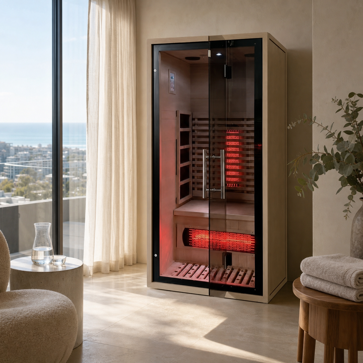 Solace one-person infrared sauna interior
