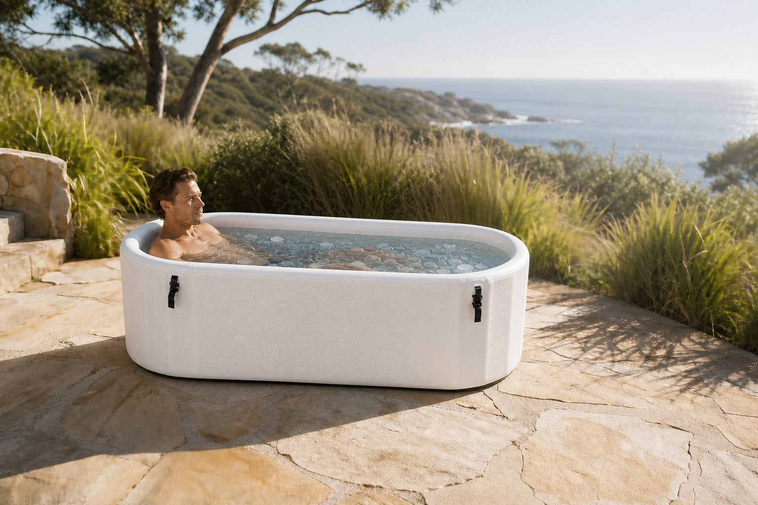 Man seated lengthways in a Longshore ice bath on an Australian coastal terrace
