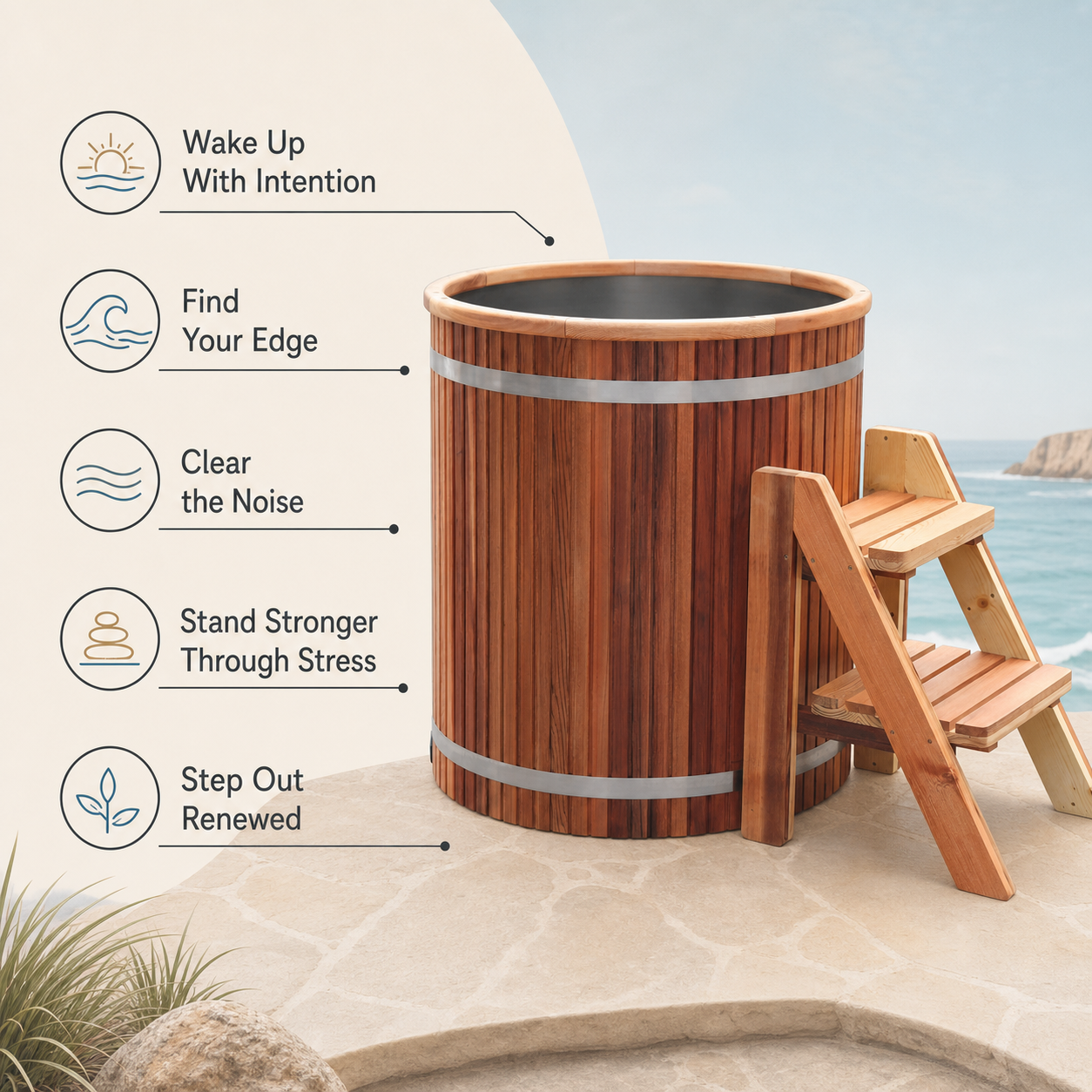 Cedar Tide wooden cold plunge emotional benefits infographic