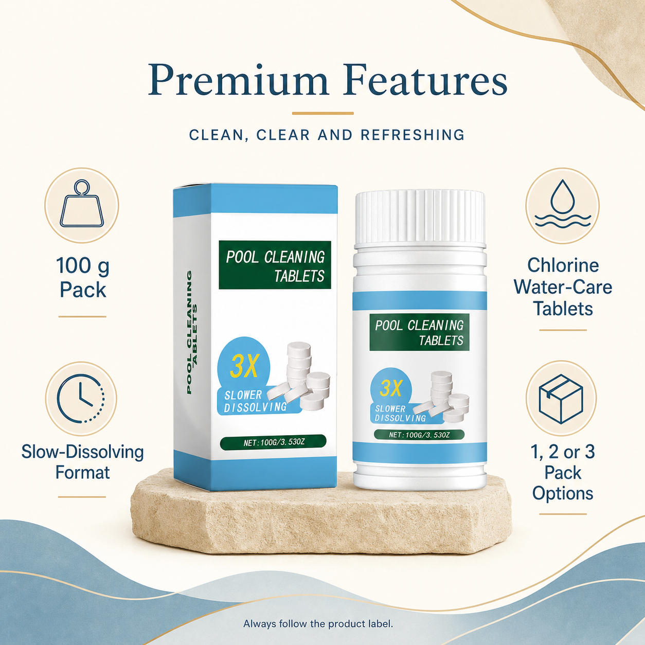 Clear Tide chlorine water care tablets features and pack options infographic
