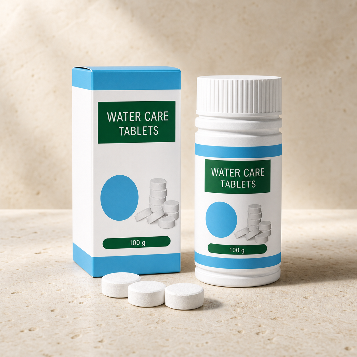 Clear Tide 100 gram water care tablet bottle and carton product view