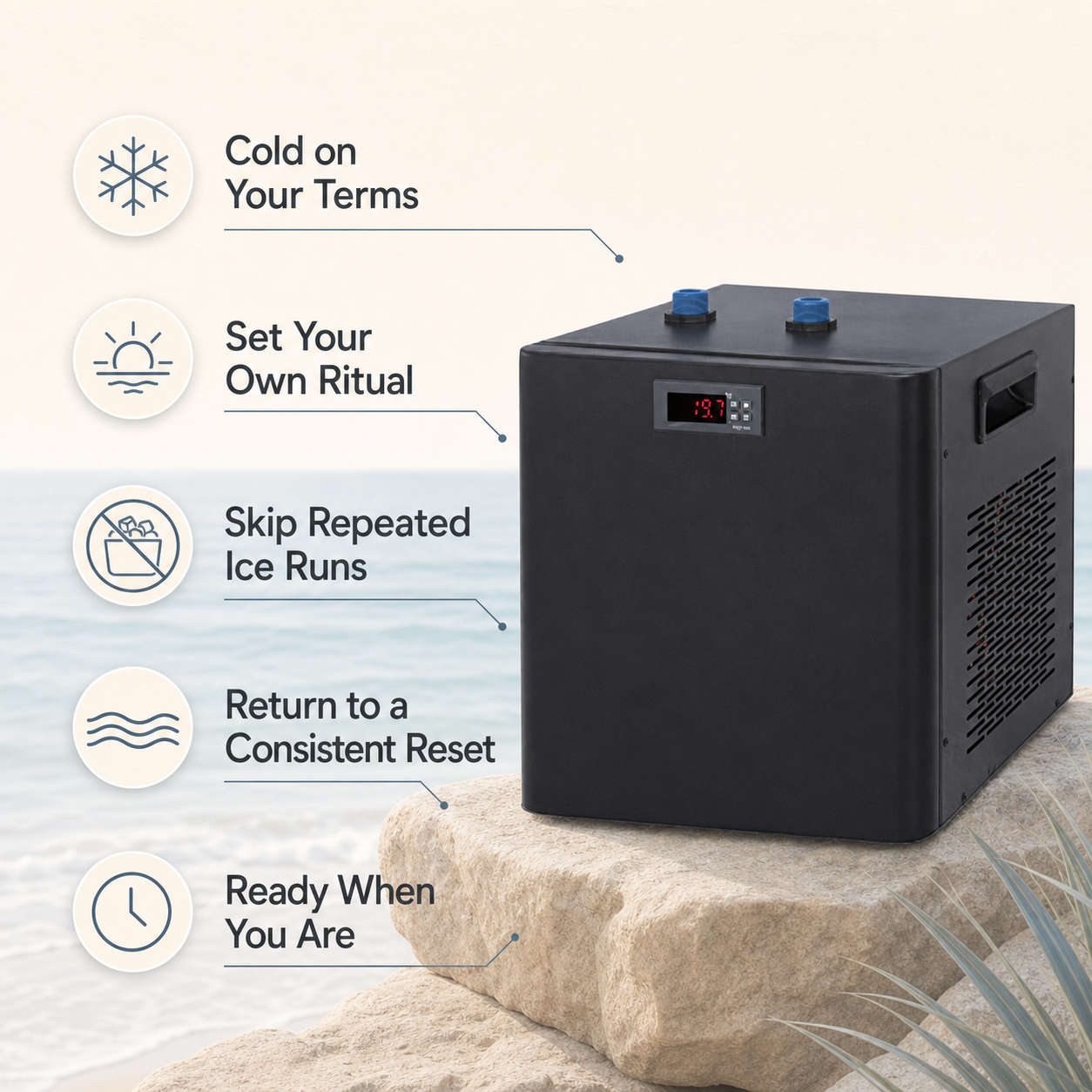 Current mini ice bath chiller convenience benefits infographic