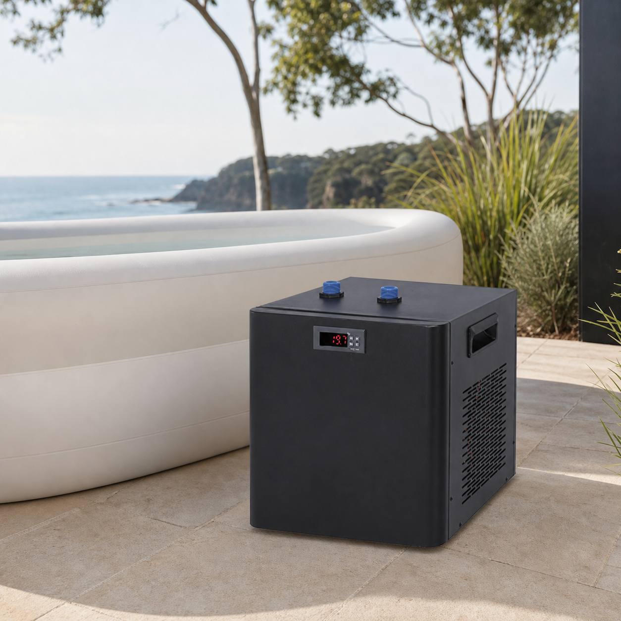 Current mini ice bath chiller beside a cold plunge in an Australian coastal courtyard