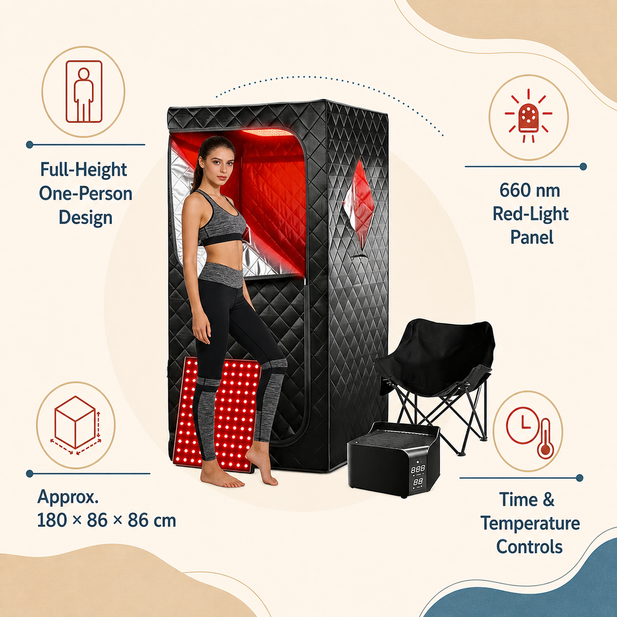 Drift portable infrared sauna dimensions and features infographic