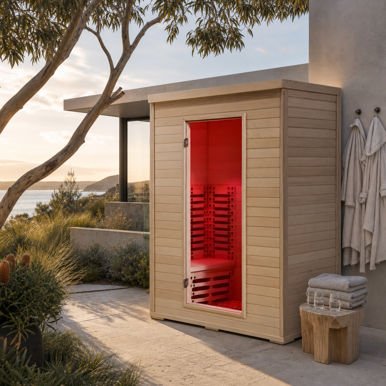 Horizon outdoor infrared sauna in a premium Australian coastal garden