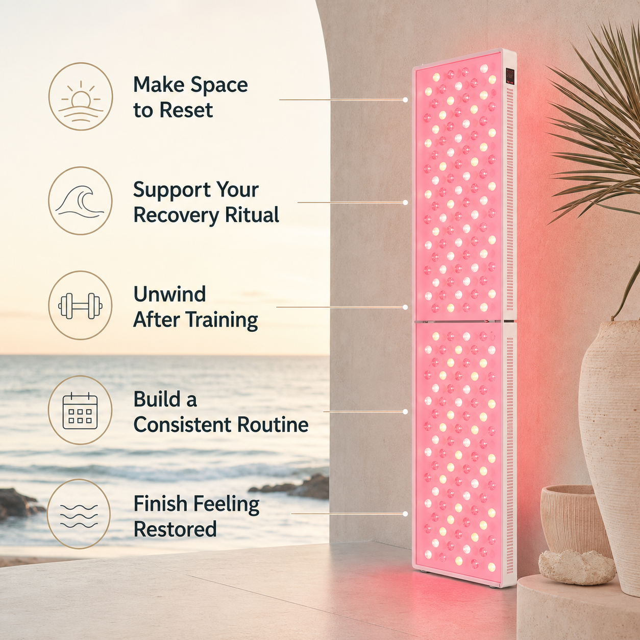 Radiant Arc red and near infrared light panel benefits infographic