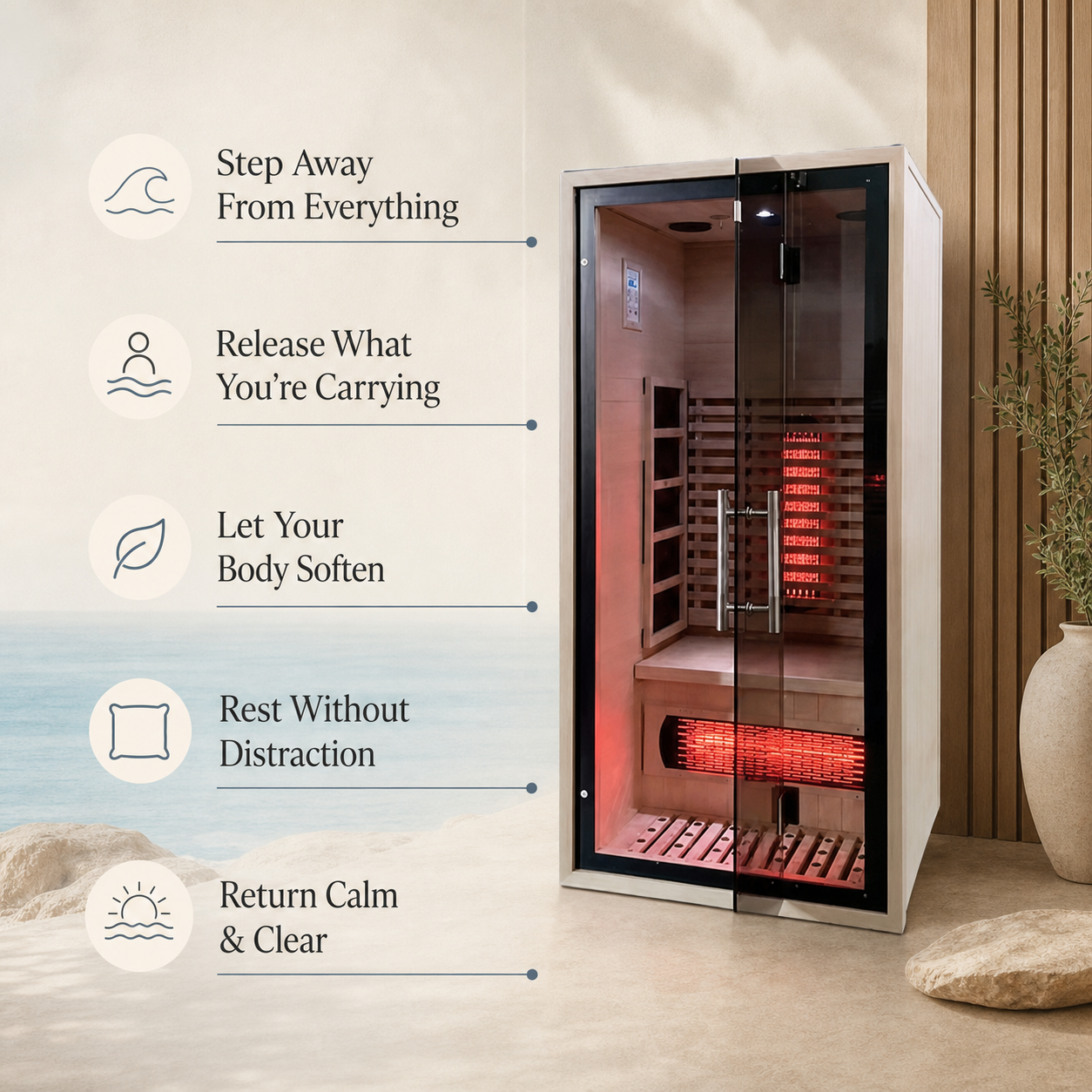 Solace full spectrum infrared sauna emotional benefits infographic