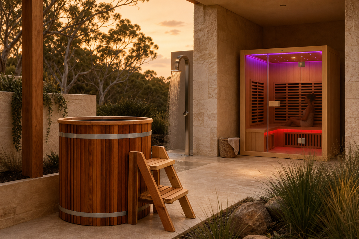 Round cold plunge and infrared sauna in an Australian sandstone courtyard