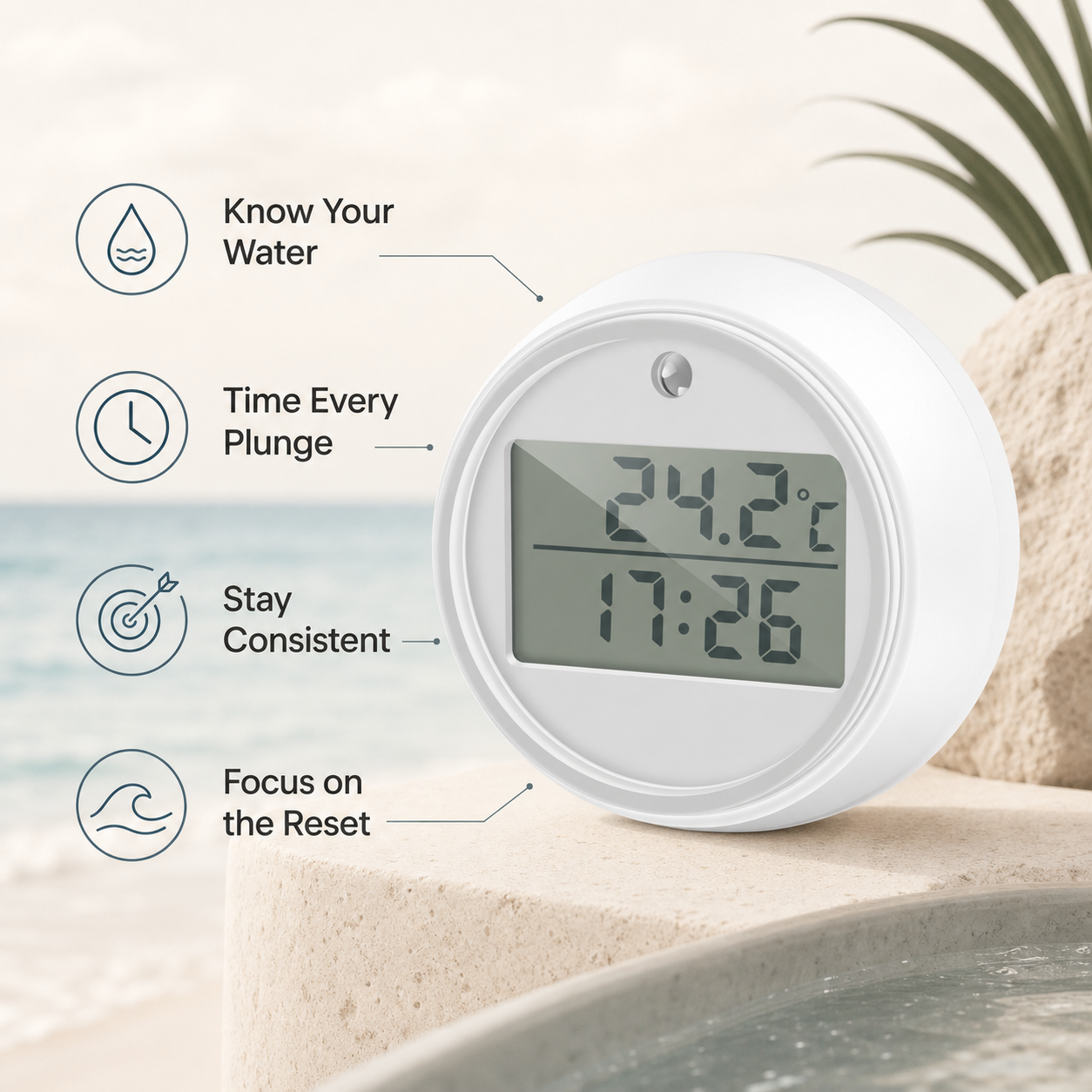 TideMark ice bath thermometer and timer benefits infographic