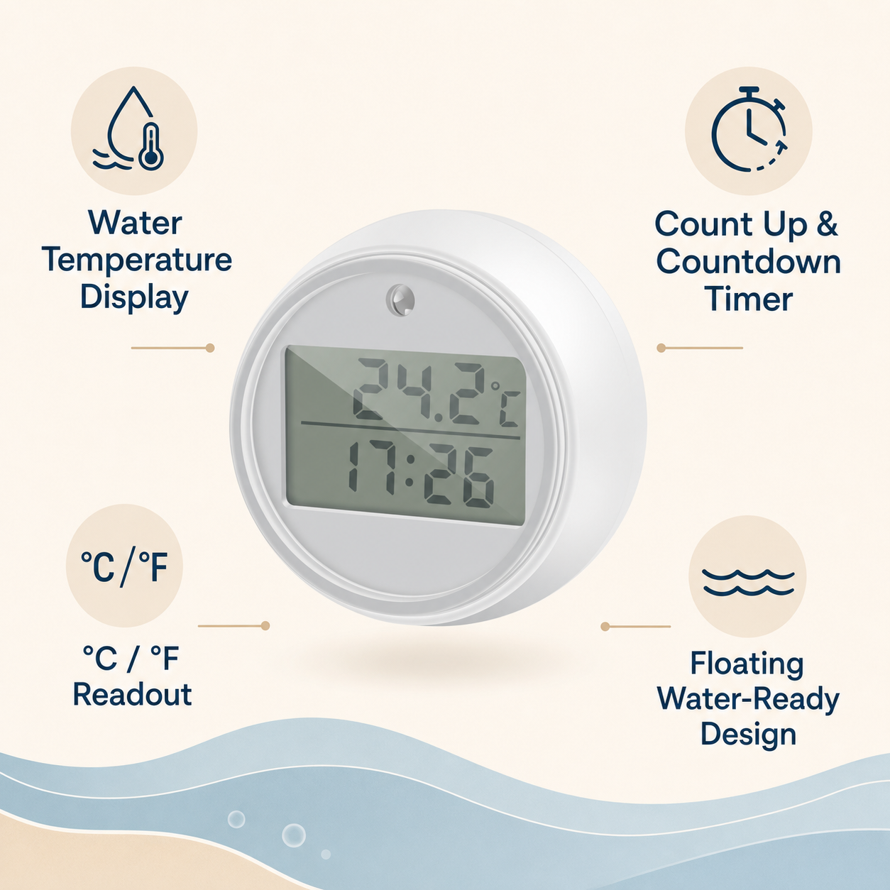 TideMark ice bath thermometer and timer features infographic